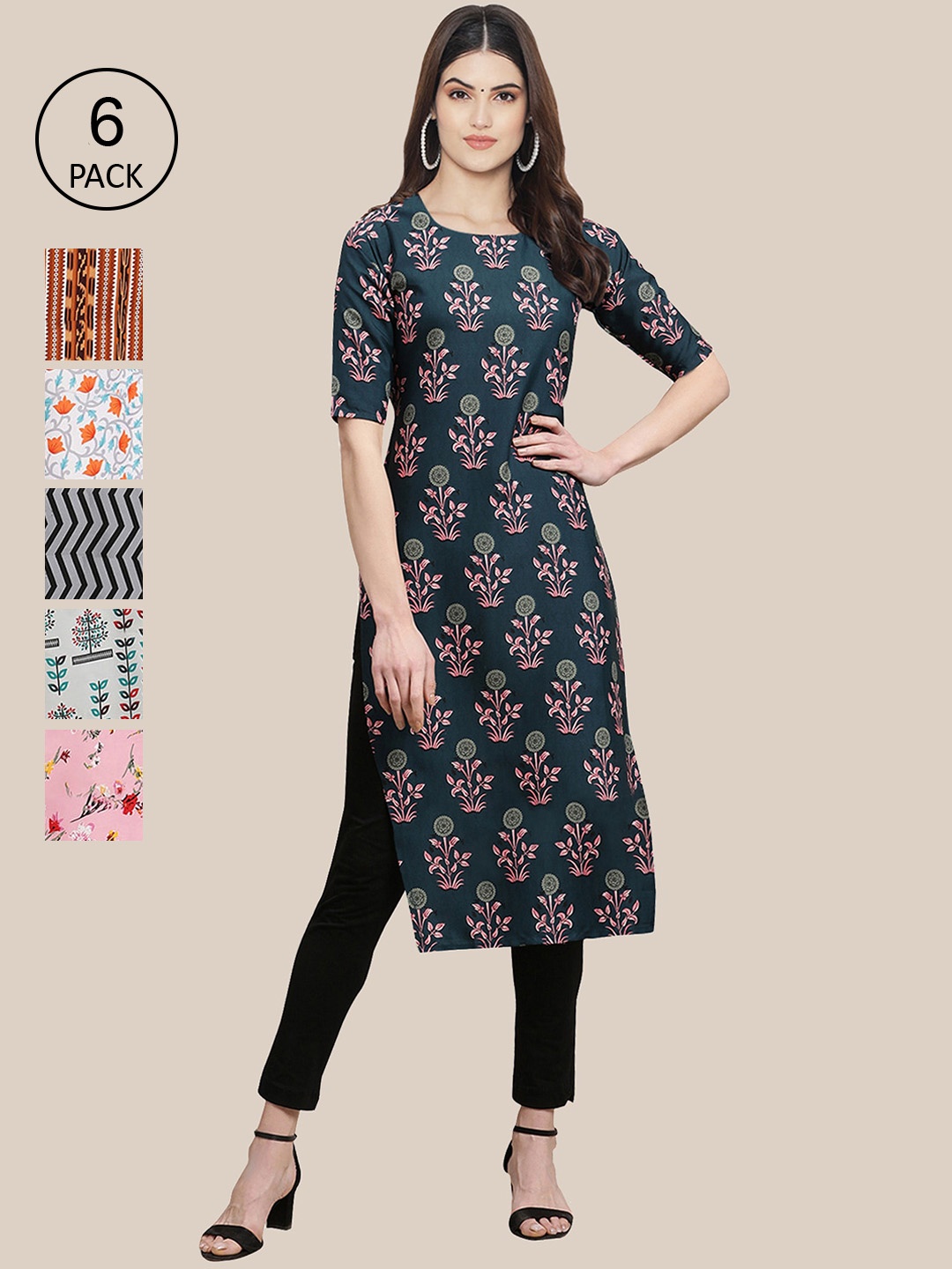 

7Threads Women Pack Of 6 Ethnic Motifs Printed Crepe Kurta, Black