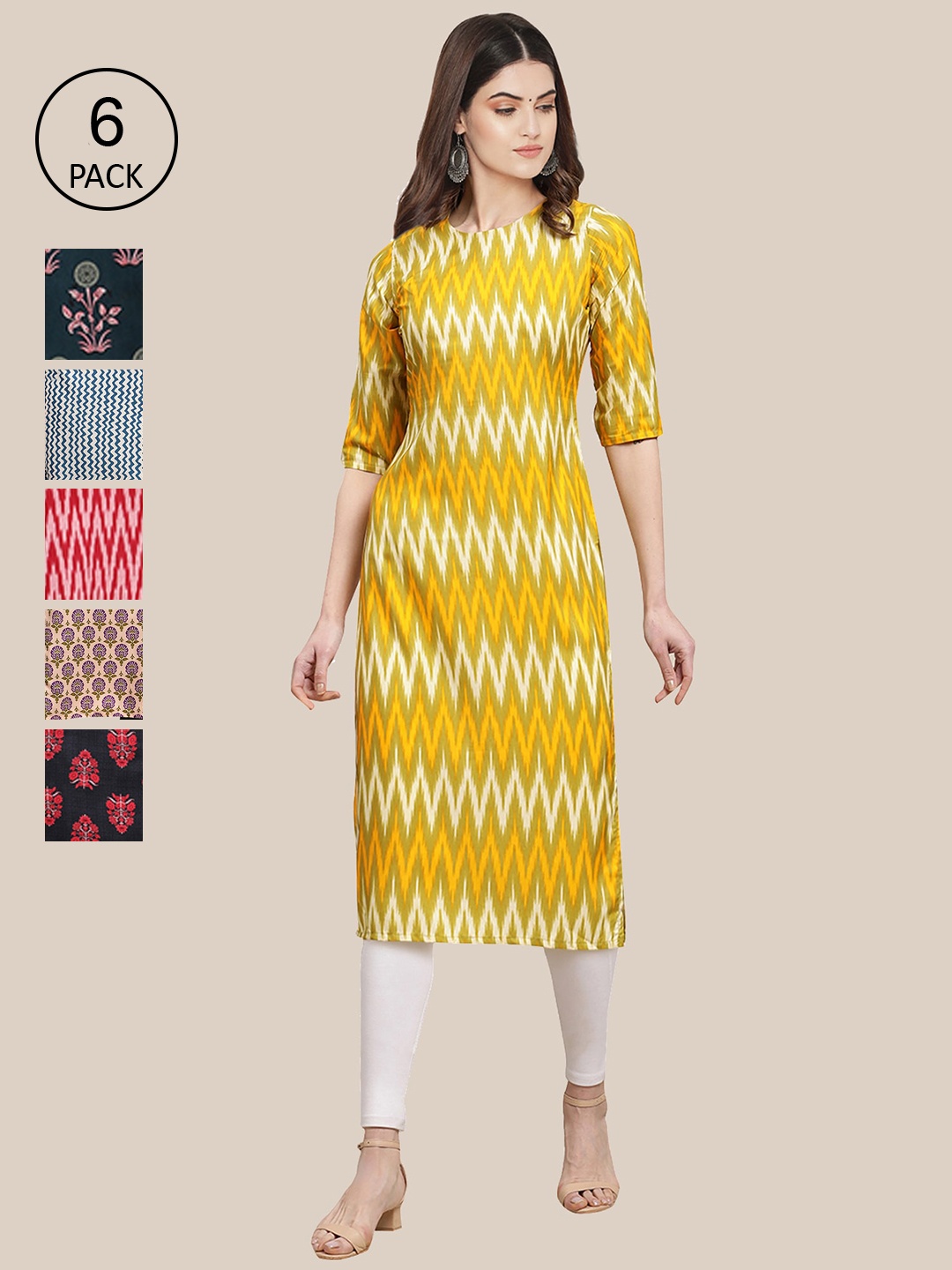 

7Threads Women Pack of 6 Digital Printed Crepe Straight Kurtas, Yellow