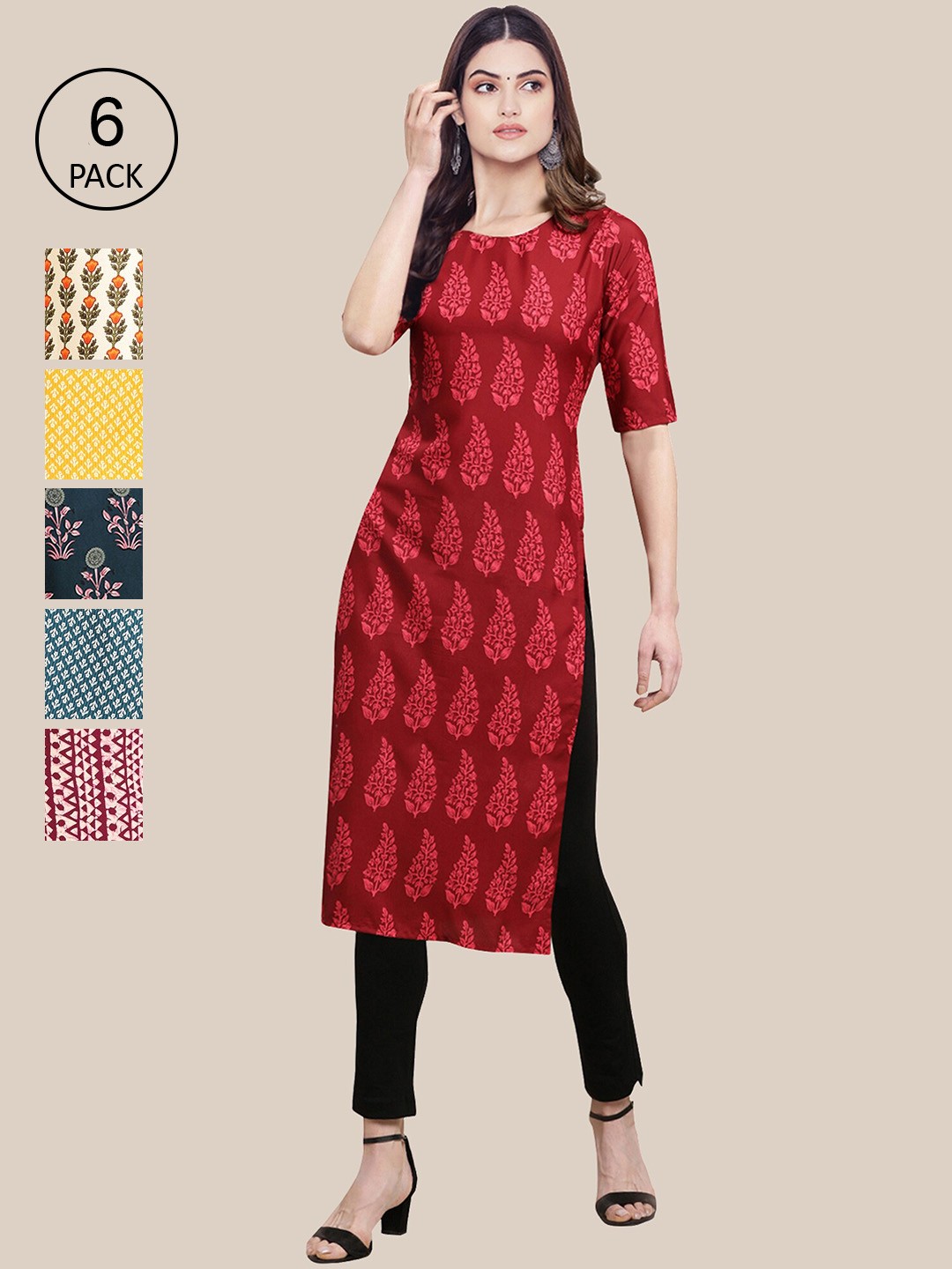 

7Threads Women Pack Of 6 Printed Crepe Kurta, Maroon