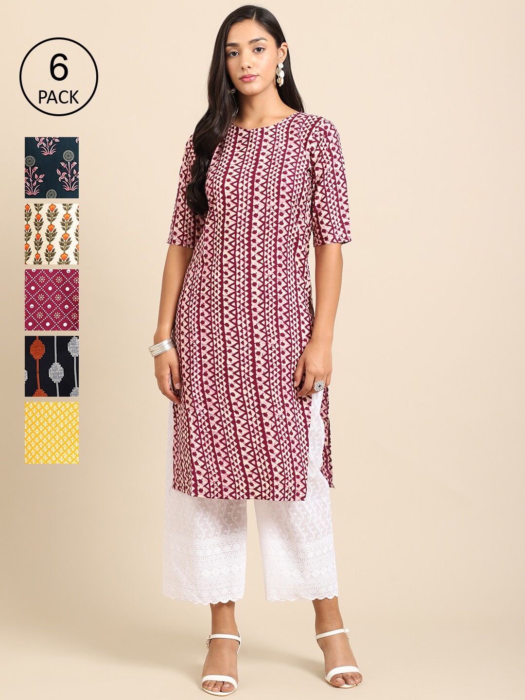 

7Threads Women White and Red Summer Sheers Crepe Kurta [PACK OF 6]