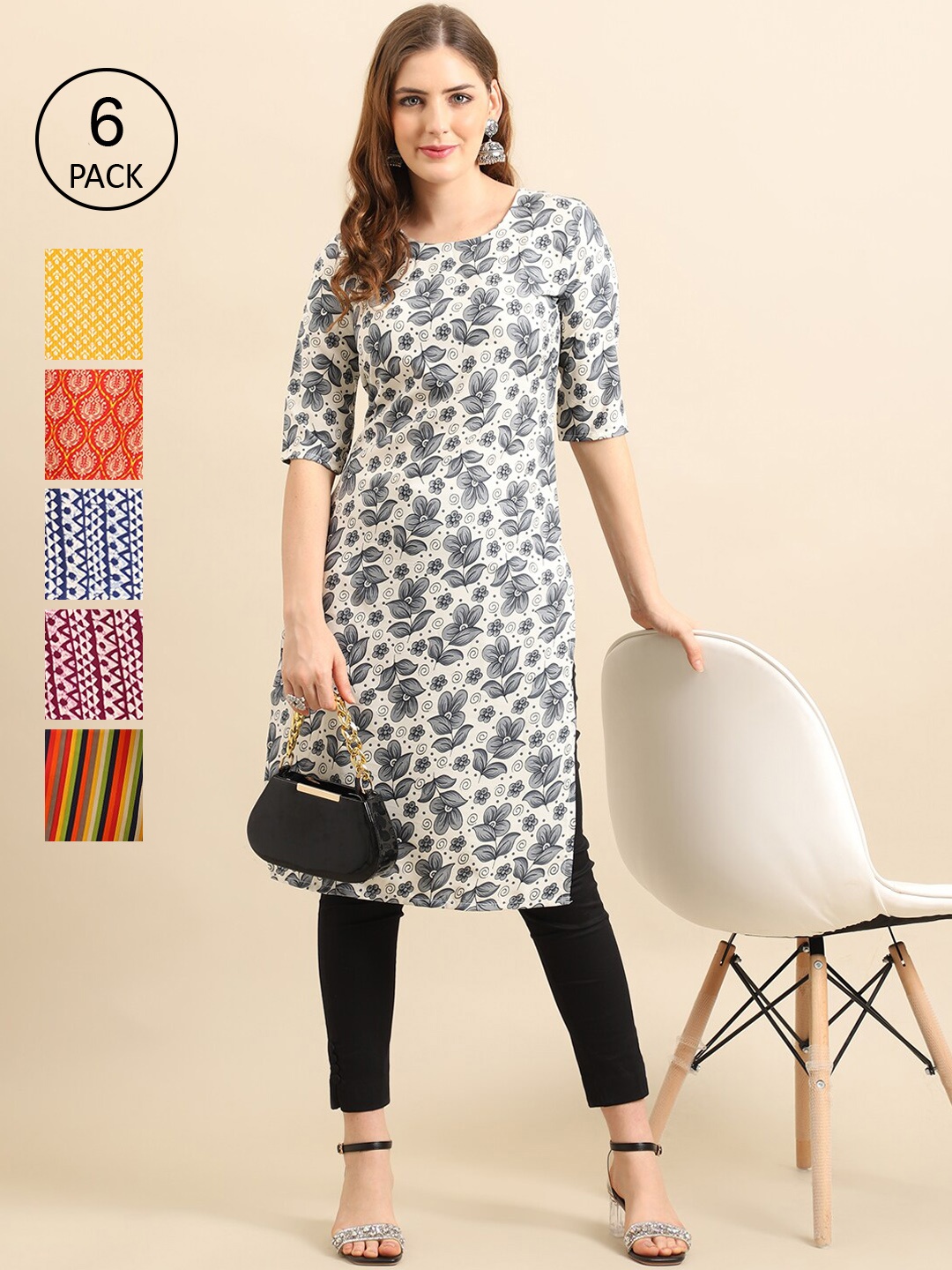 

7Threads Women Pack of 6 White & Yellow Floral Printed Crepe Kurta