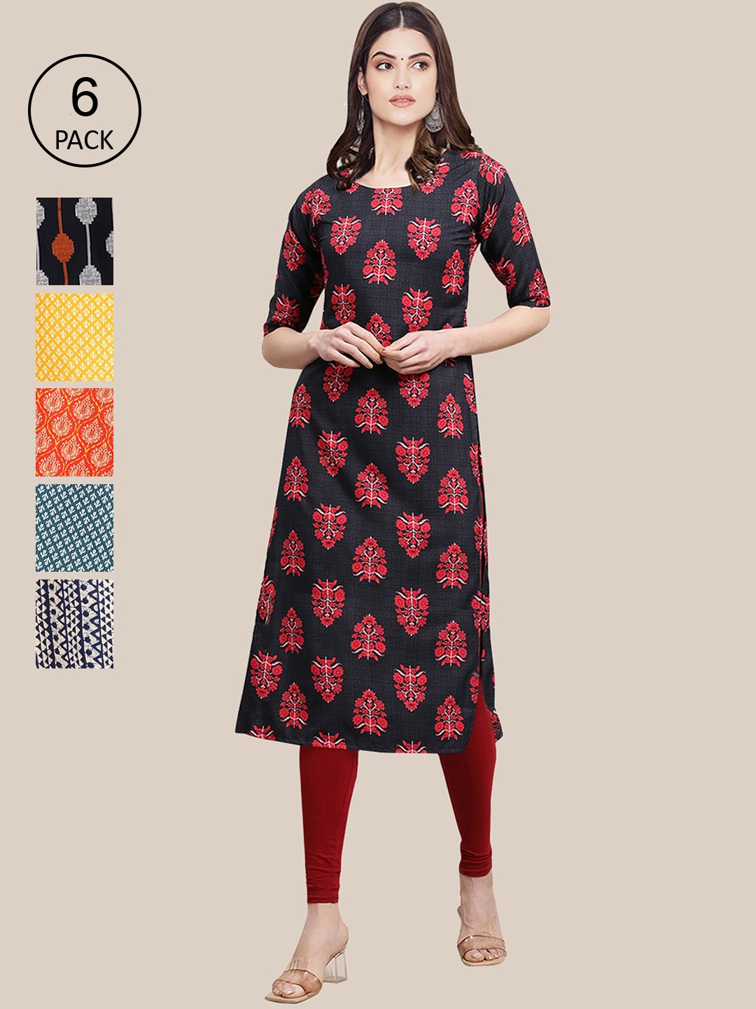 

7Threads Women Pack of 6 Printed Crepe Kurtas, Multi