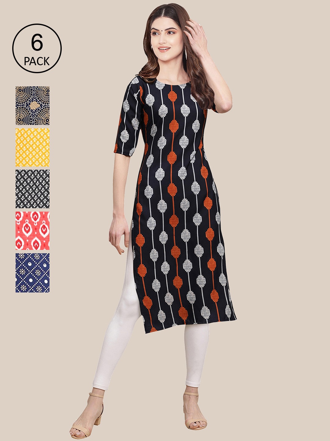 

7Threads Women Pack Of 6 Ethnic Motifs Printed Crepe Kurta, Black