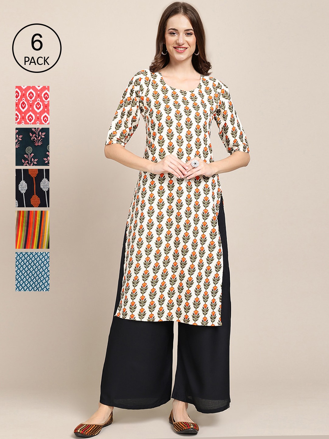 

7Threads Women Pack Of 6 Printed Crepe Kurta, Multi