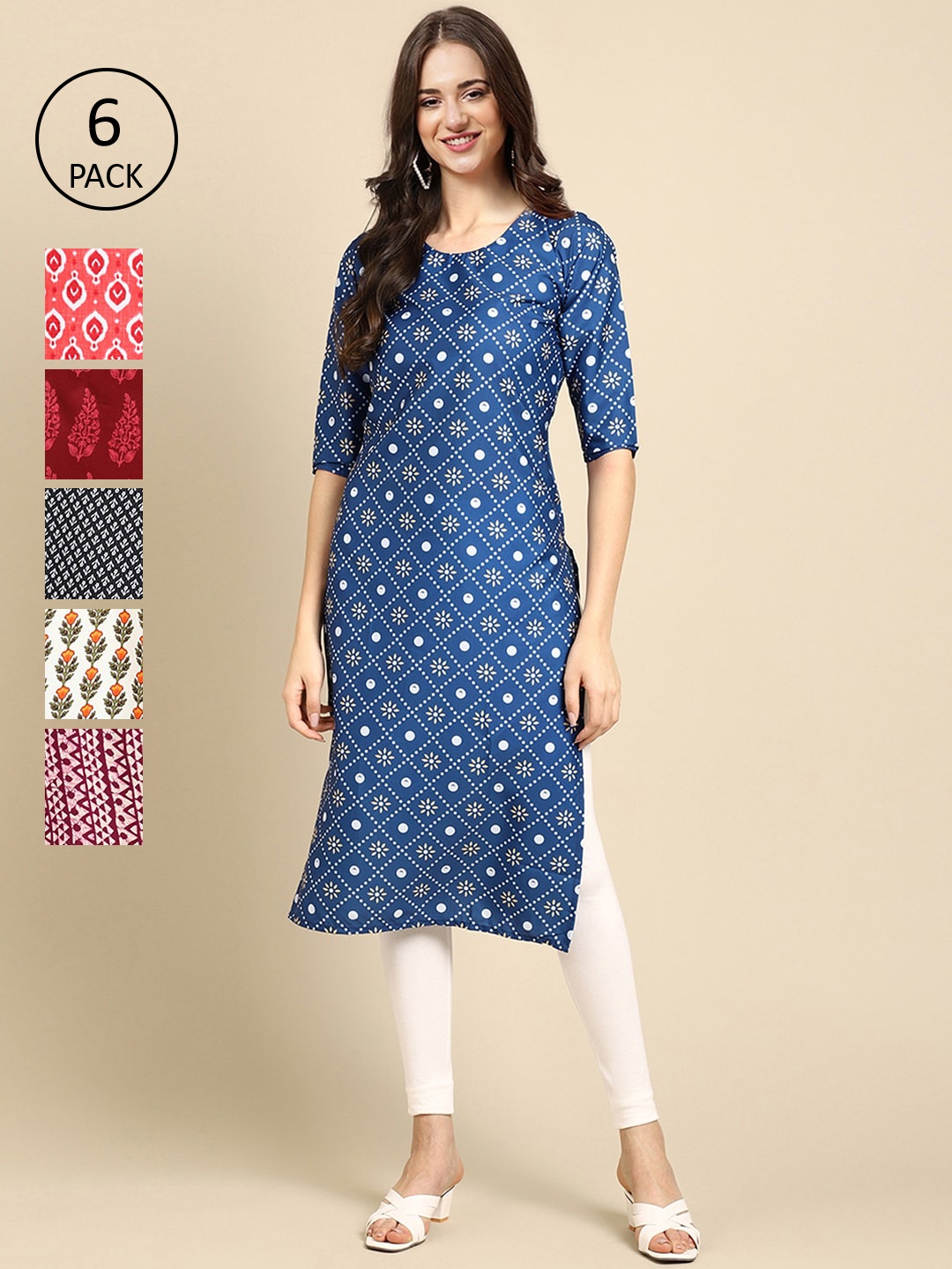 

7Threads Women Pack of 6 Digital Printed Crepe Straight Kurtas, Blue