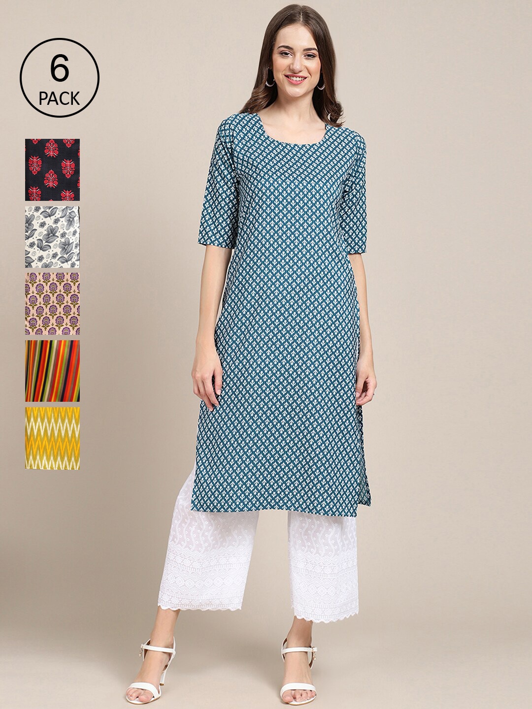 7Threads Women Teal & Grey Pack of 6 Floral Printed Crepe Kurtas