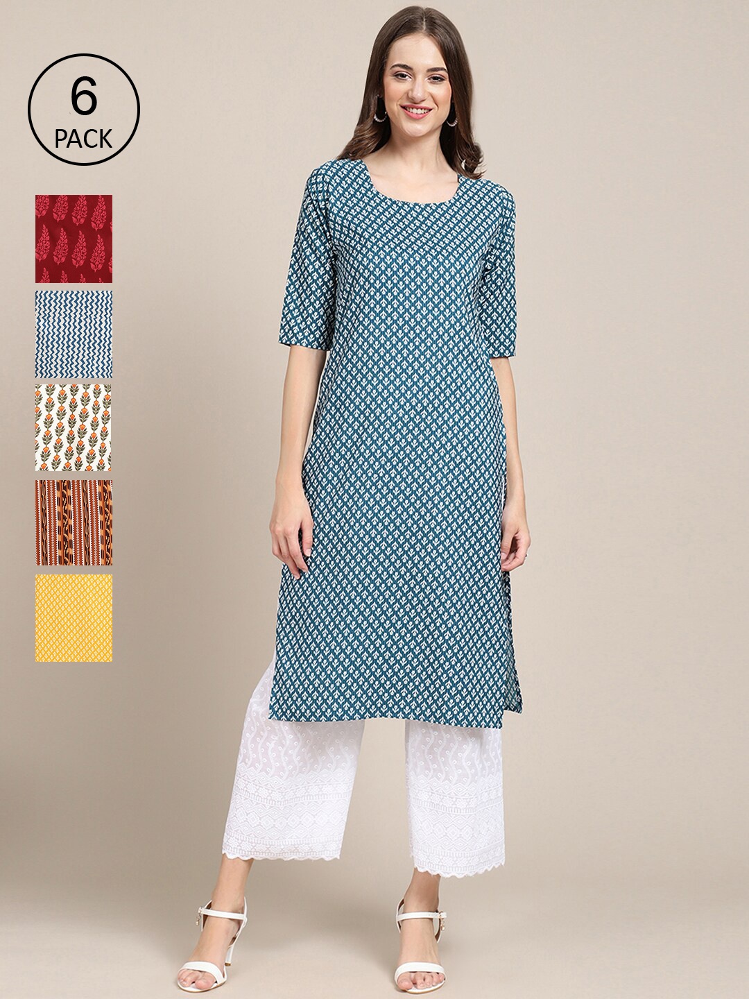 

7Threads Women Pack Of 6 Ethnic Motifs Printed Crepe Kurta, Blue