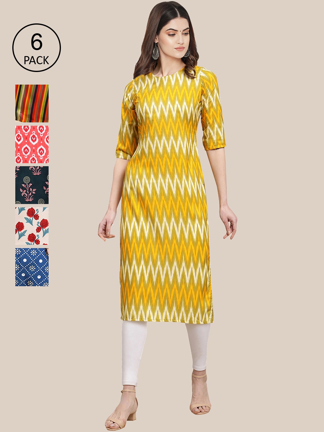 

7Threads Women Pack Of 6 Printed Crepe Kurta, Multi