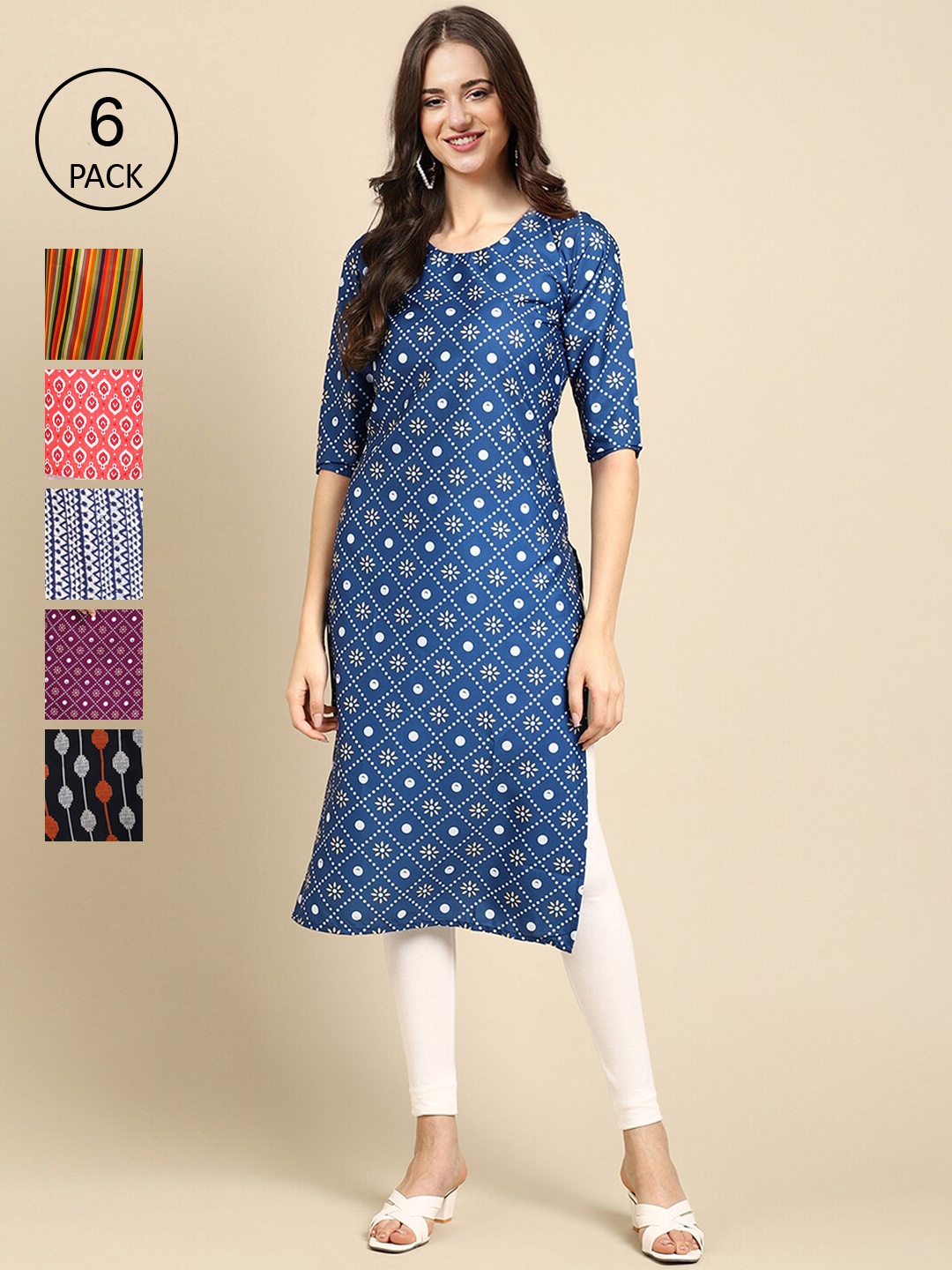 

7Threads Women Pack Of 6 Geometric Printed Crepe Kurta, Blue