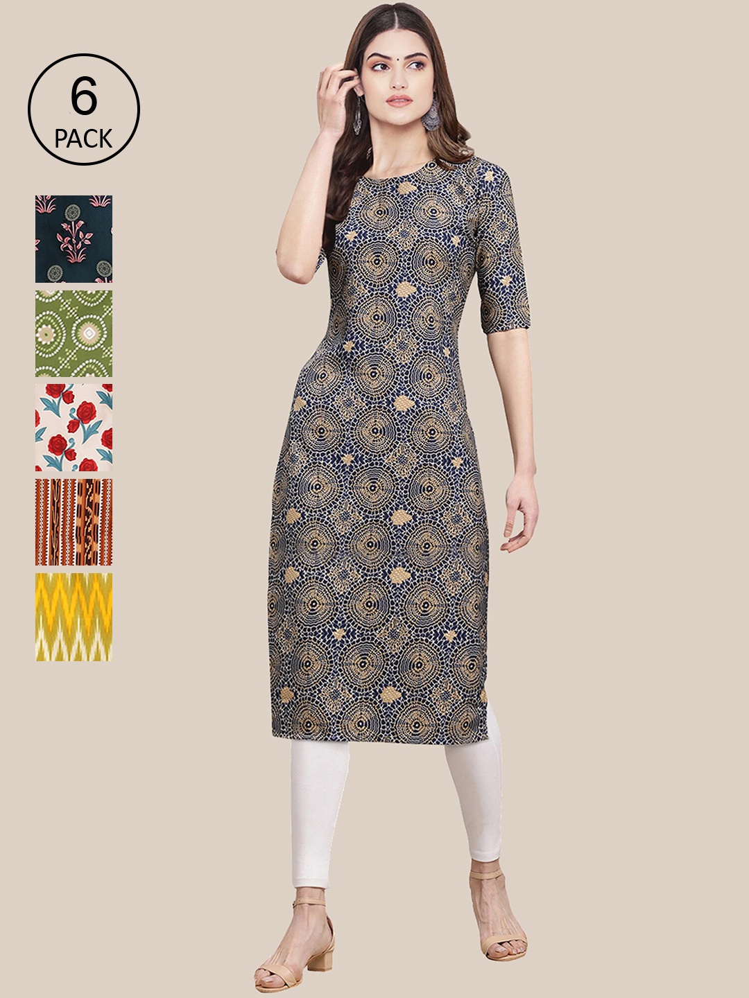 

7Threads Women Pack of 6 Ethnic Motifs Printed Crepe Kurta, Grey