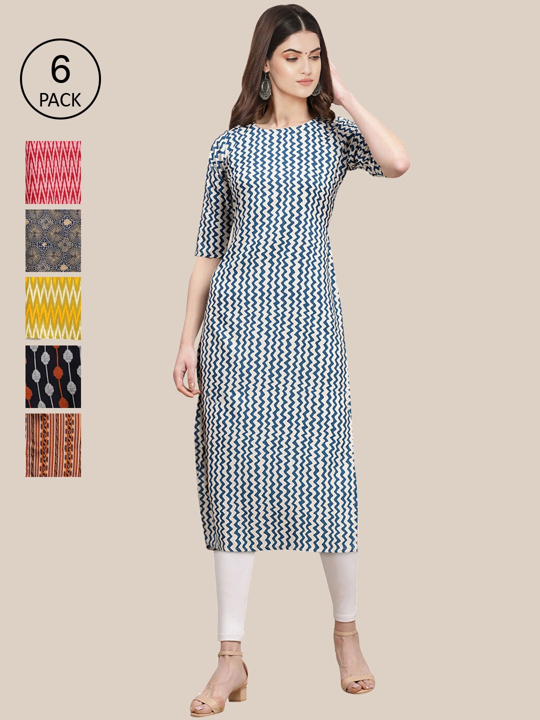 

7Threads Women Pack of 6 Geometric Printed Summer Sheers Crepe Kurta, Red