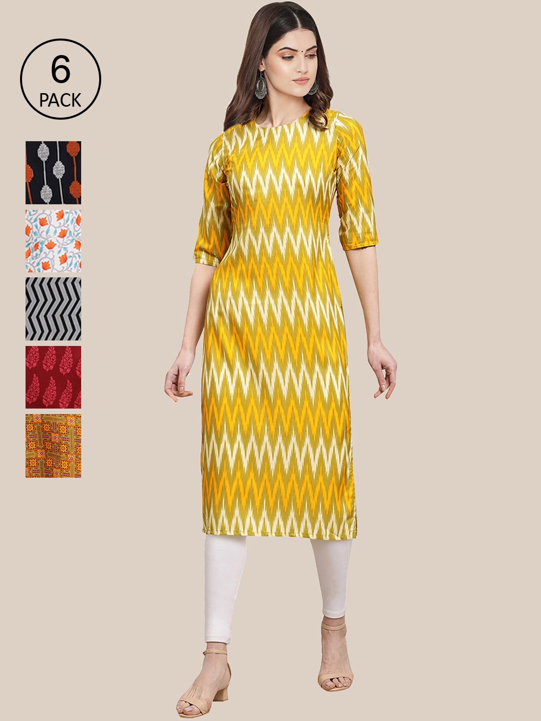 

7Threads Women Pack of 6 Yellow & Black Ethnic Motifs Printed Crepe Kurta