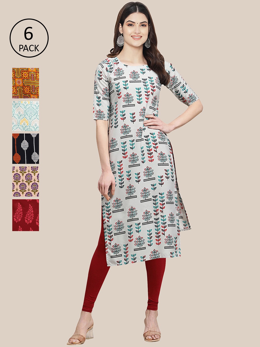 

7Threads Women Pack of 6 Printed Crepe Kurtas, Multi