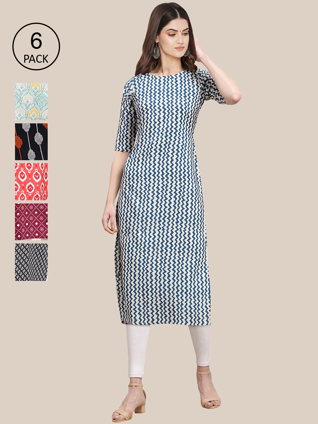 

7Threads Women Pack Of 6 Multicoloured Geometric Printed Crepe Kurta, Multi