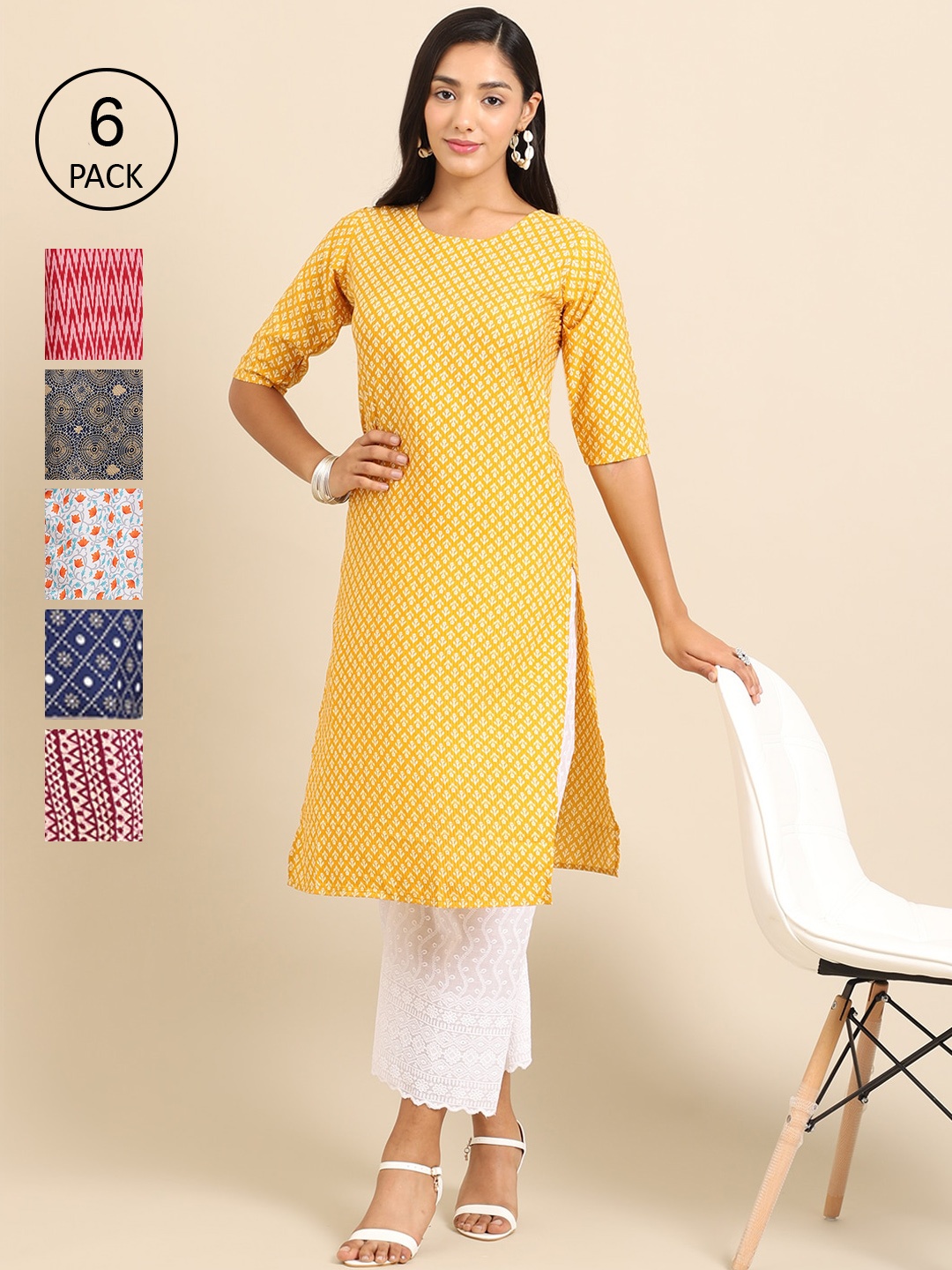 

7Threads Women Pack Of 6 Summer Sheers Crepe Kurta, Yellow