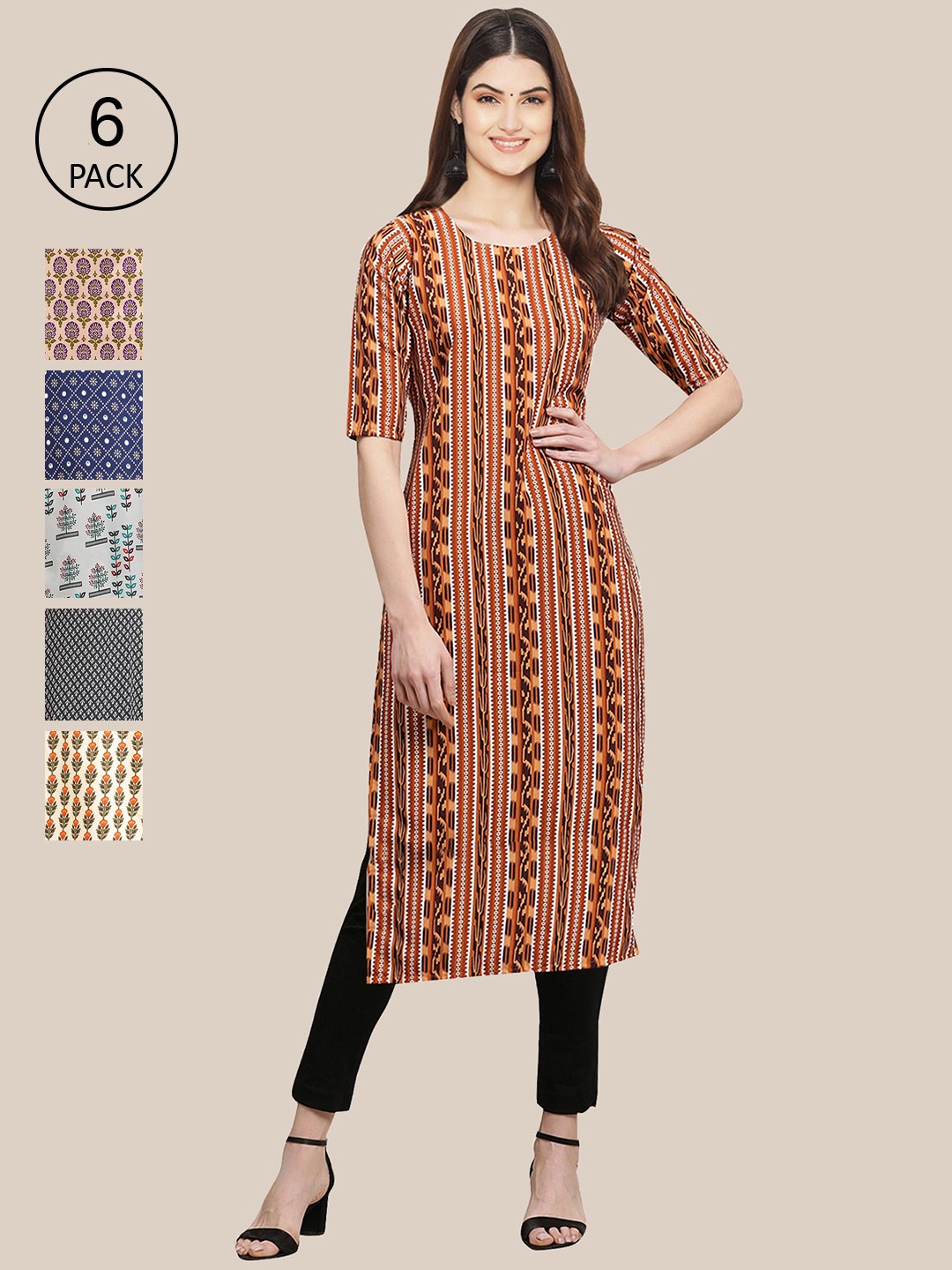 

7Threads Women Pack Of 6 Ethnic Motifs Printed Crepe Kurta, Brown