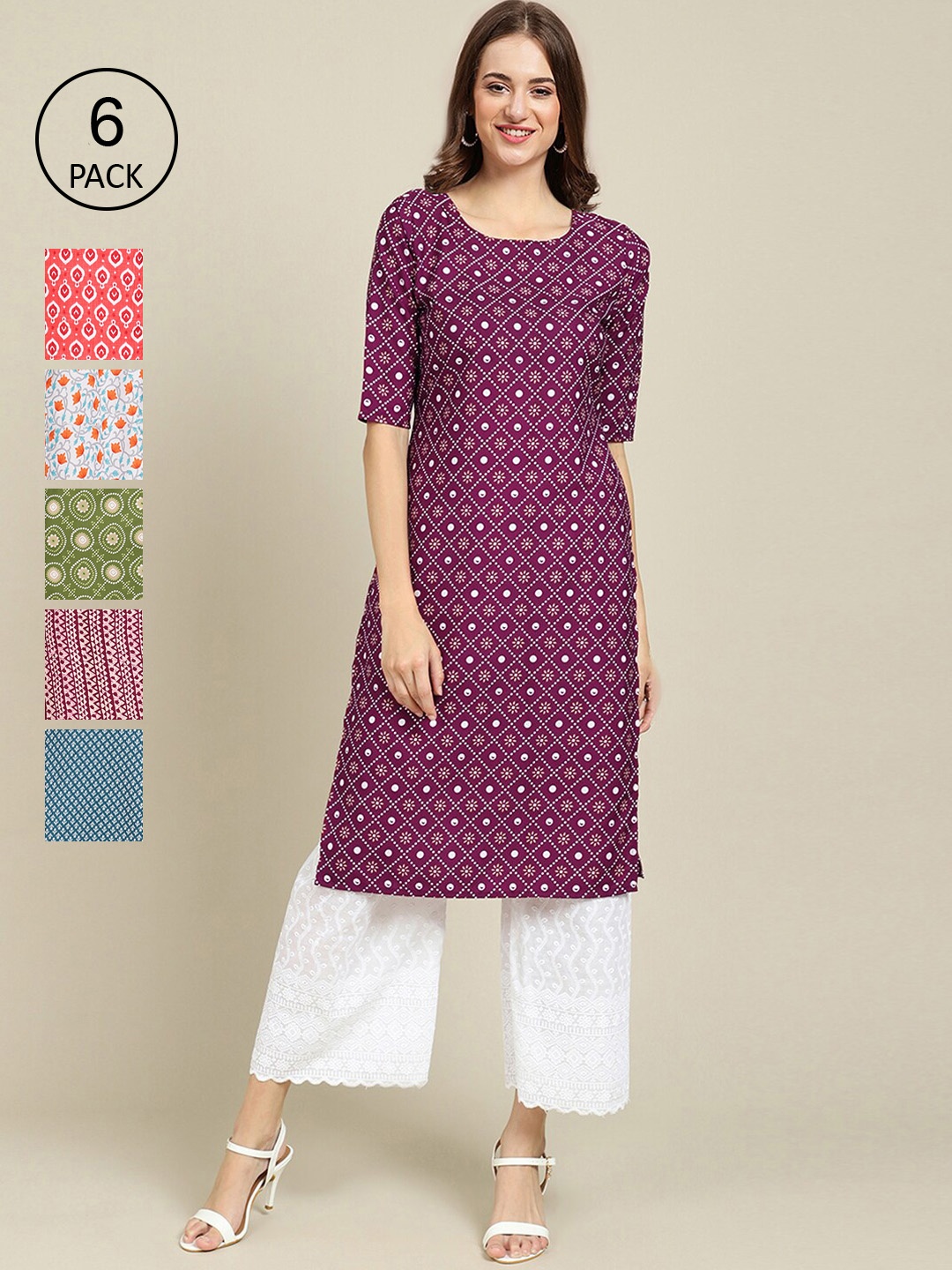 7Threads Women Pack of 6 Printed Summer Sheers Crepe Kurta, Green