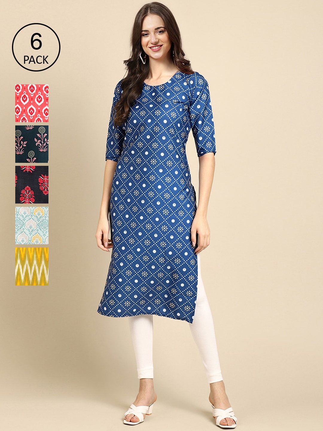 

7Threads Women Pack of 6 Digital Printed Crepe Straight Kurtas, Blue