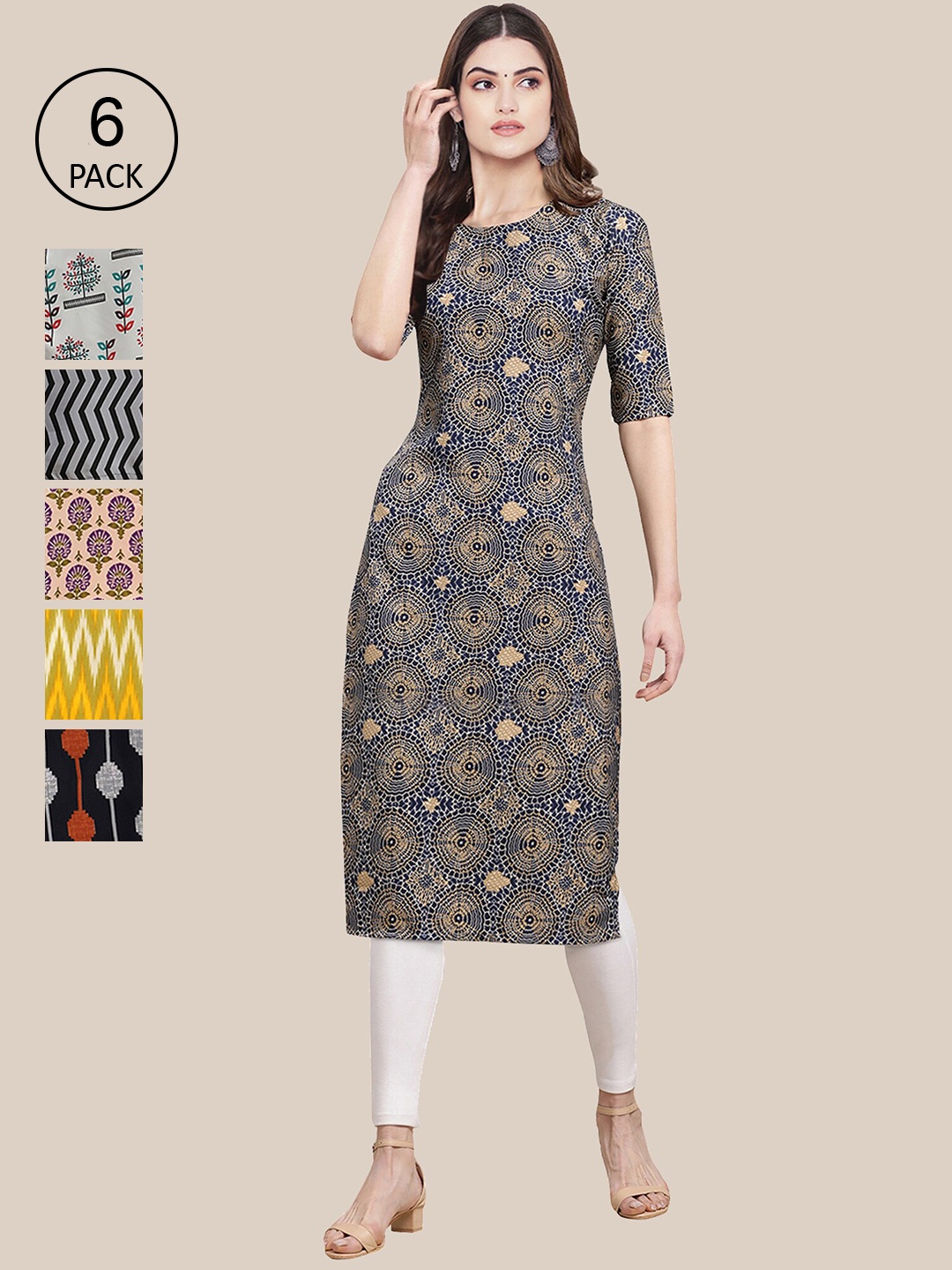 

7Threads Women Set Of 6 Yellow & Grey Floral Printed Crepe Kurta