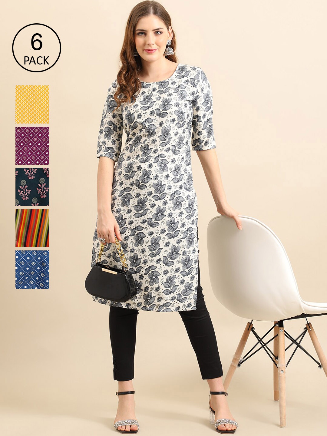 

7Threads Women Pack of 6 Women Printed Straight Crepe Kurta, Multi