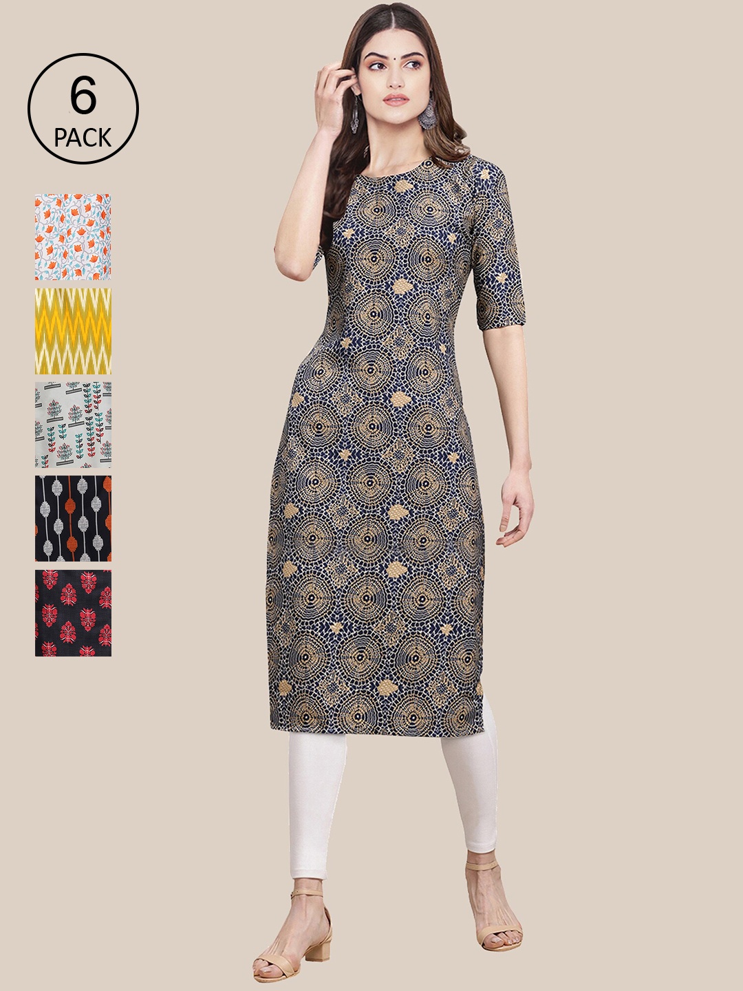 

7Threads Women Pack of 6 Ethnic Motifs Printed Crepe Kurta, Grey
