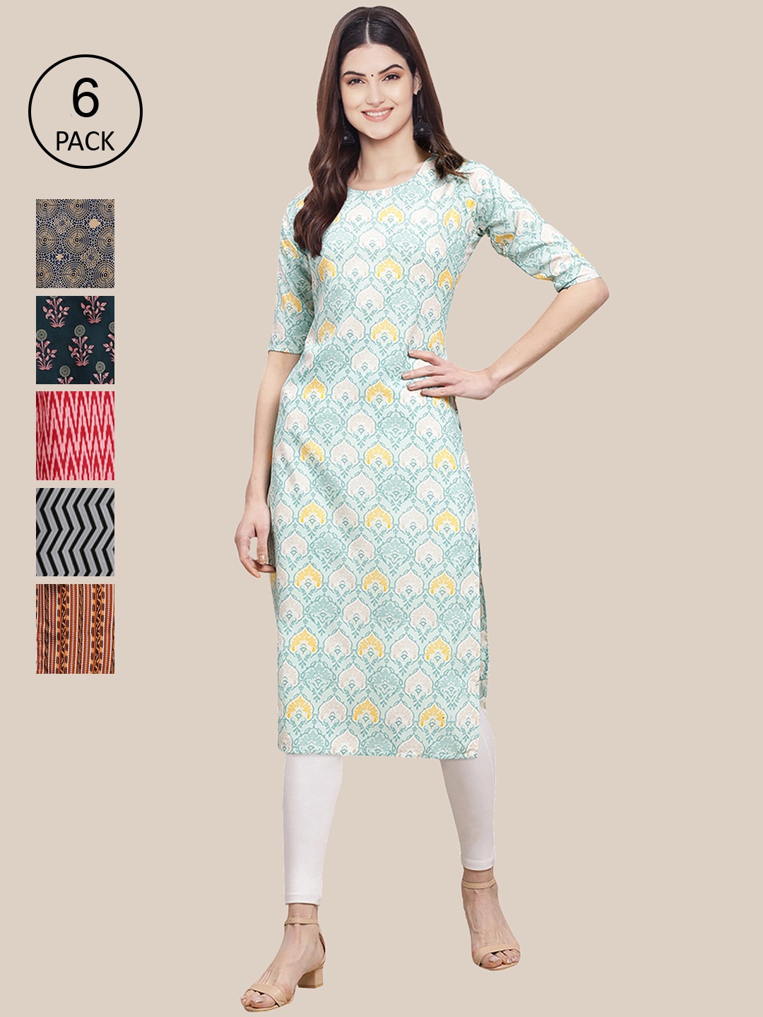 

7Threads Women Set Of 6 Blue & Pink Ethnic Motifs Printed Crepe Kurta