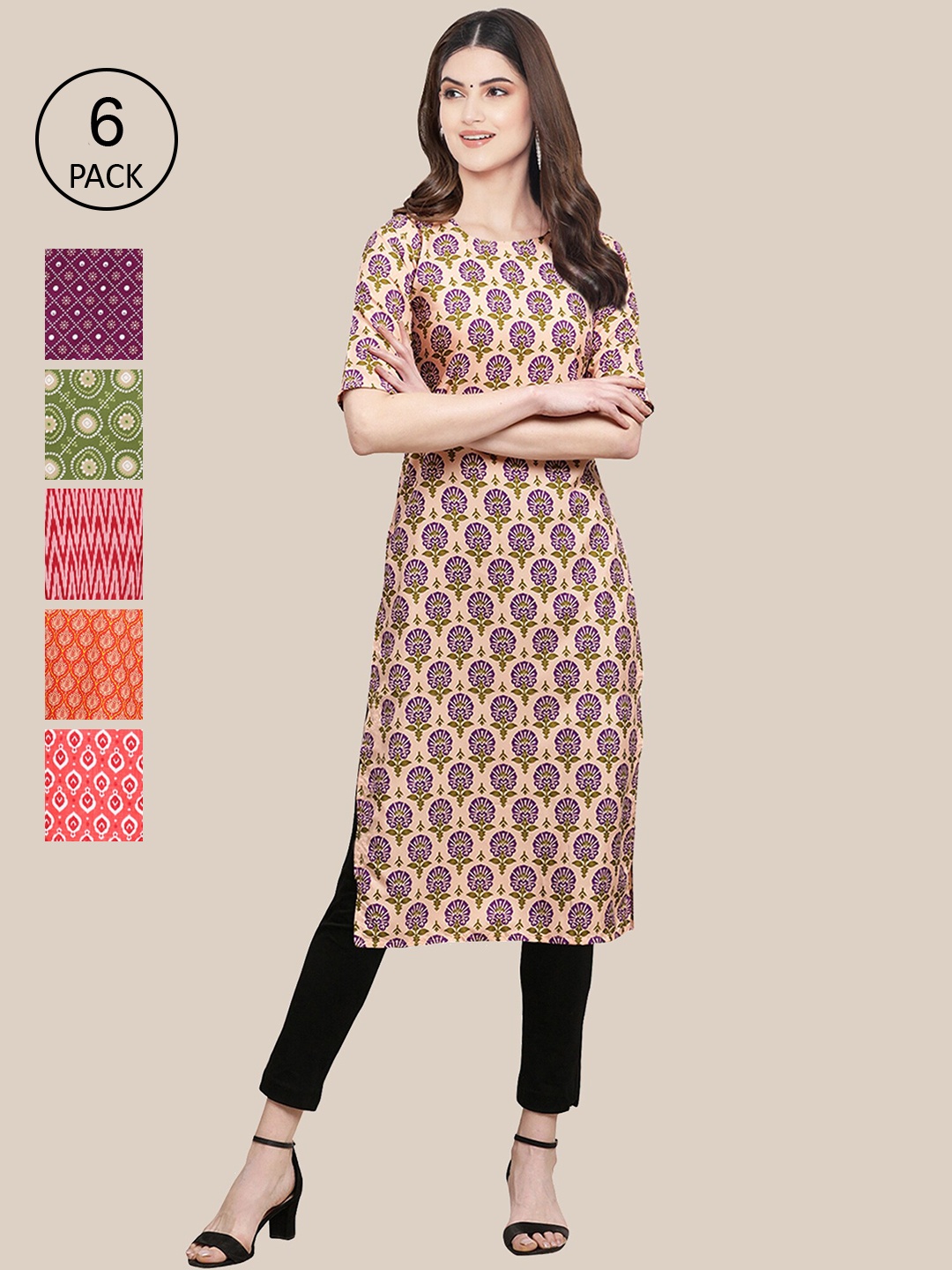 

7Threads Women Pink And Red Summer Sheers Crepe Kurta [PACK OF 6]