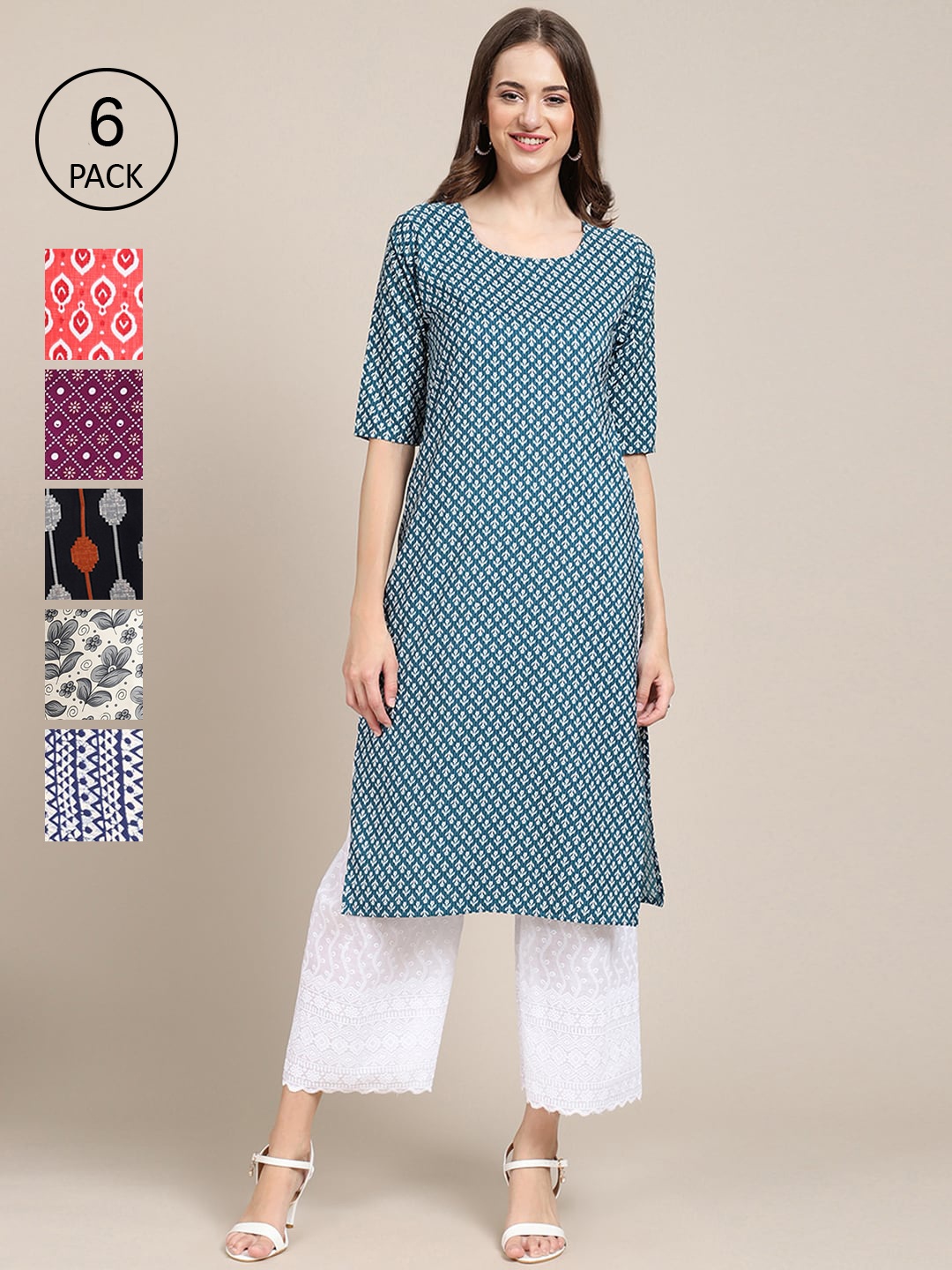 7Threads Women Pack Of 6 Printed Crepe Kurta, Blue