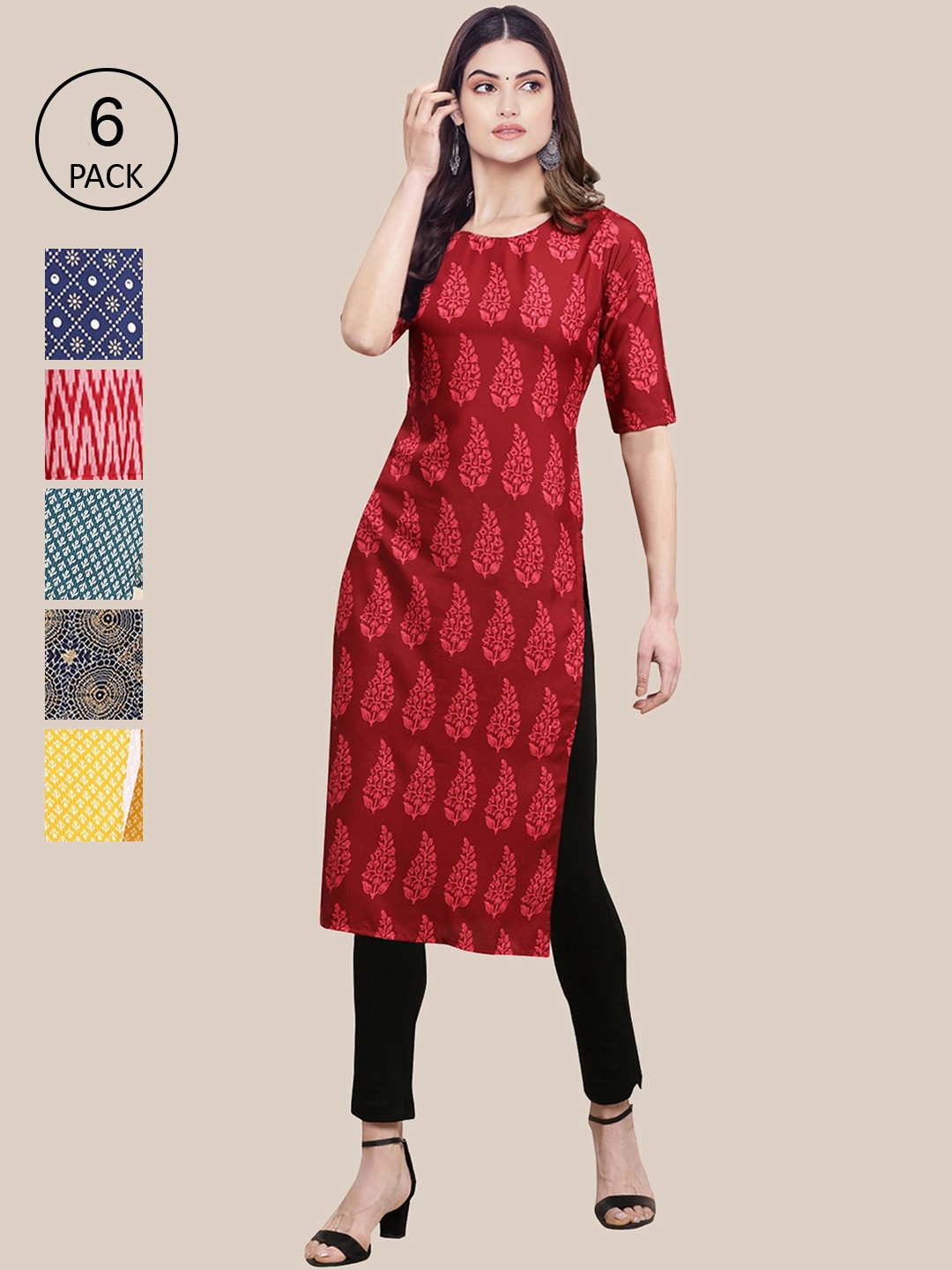 

7Threads Women Pack Of 6 Red & Blue Printed Crepe Kurta