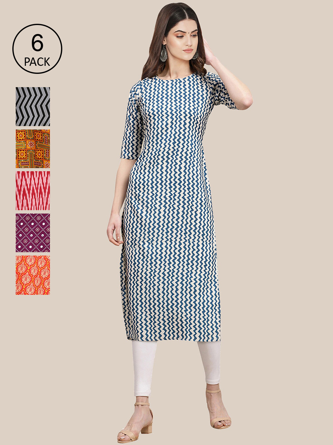 

7Threads Women Pack of 6 Women Printed Straight Crepe Kurta, Multi