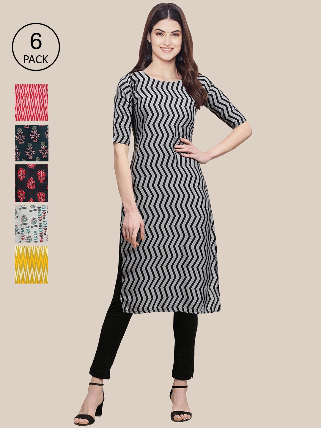 

7Threads Women Pack Of 6 Geometric Printed Block Print Crepe Kurta, Grey
