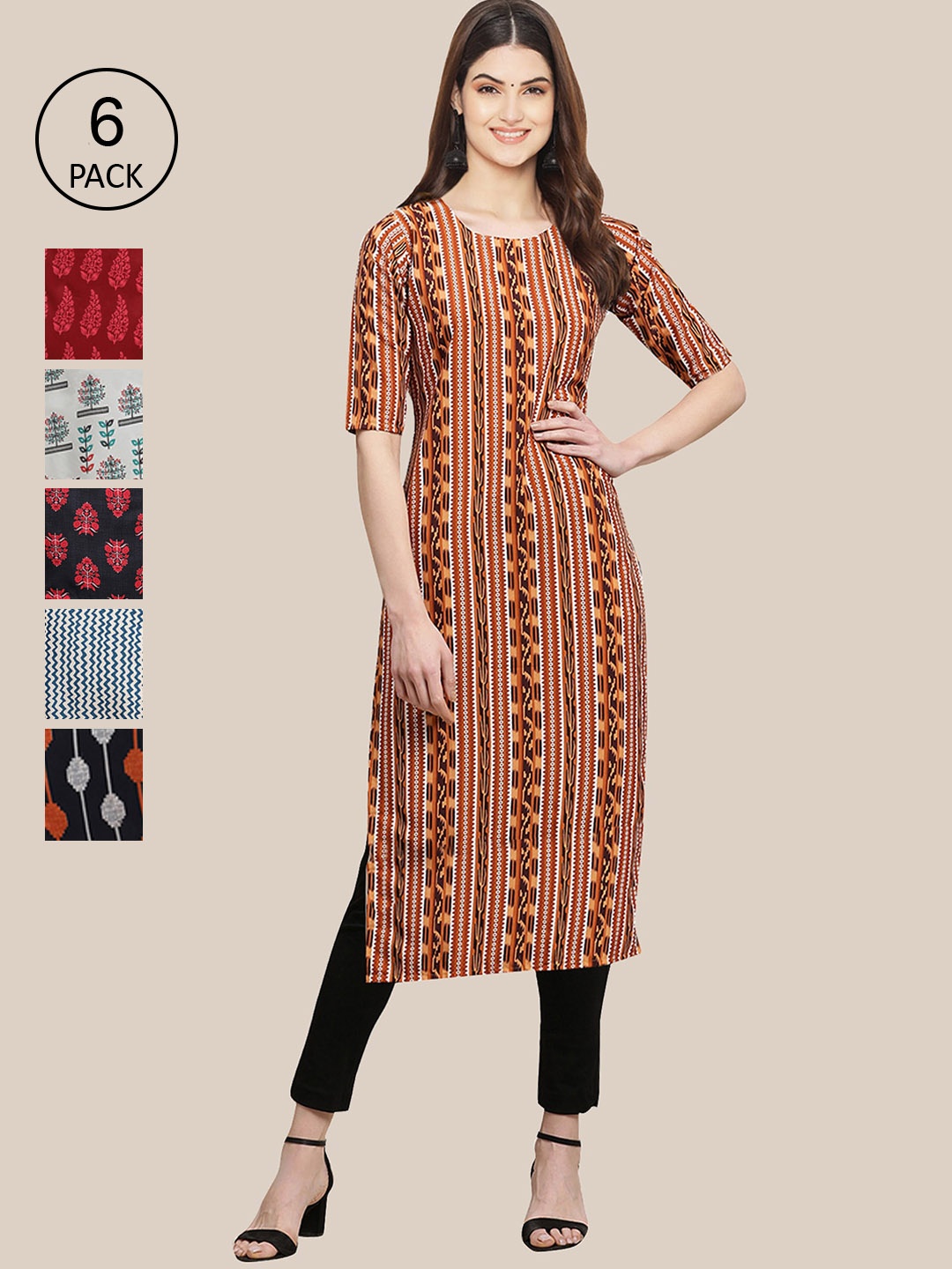 

7Threads Women Set Of 6 Red & Blue Ethnic Motifs Printed Crepe Kurta