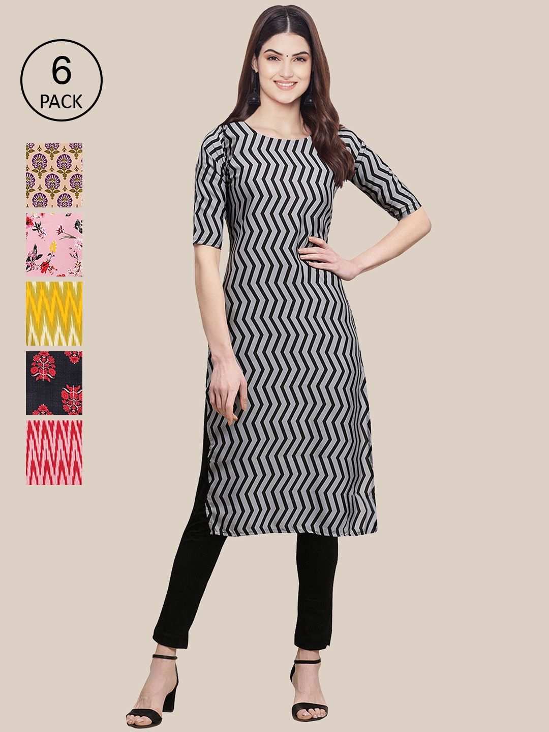 

7Threads Women Pack of 6 Ethnic Motifs Printed Crepe Kurta, Multi
