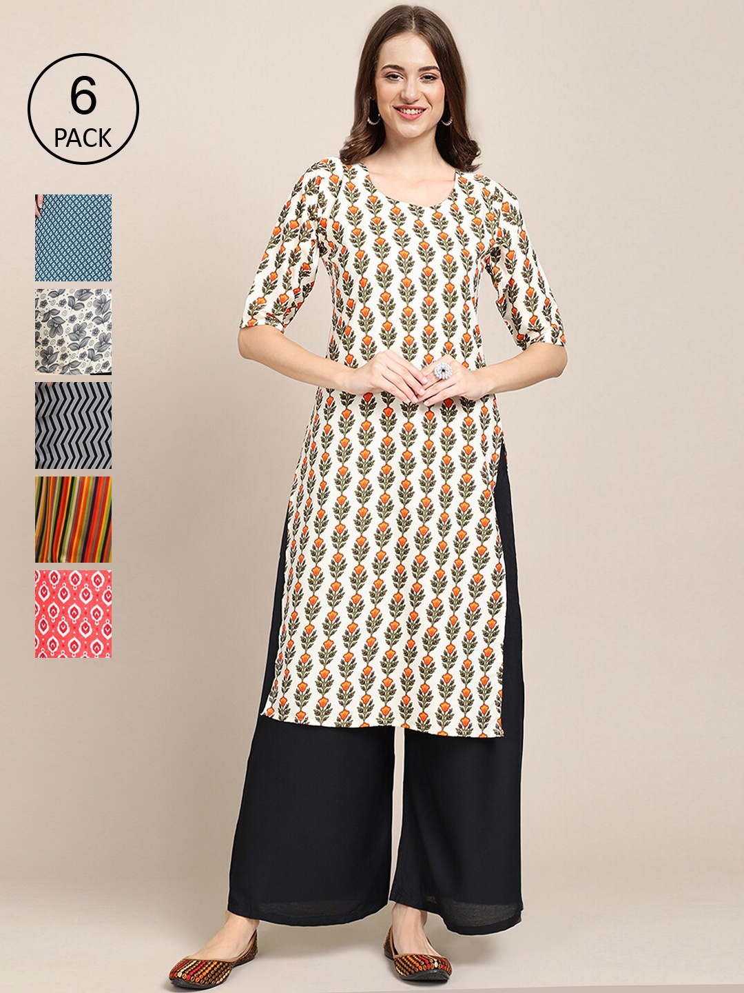 

7Threads Women Pack of 6 Printed Summer Sheers Crepe Kurta, Red