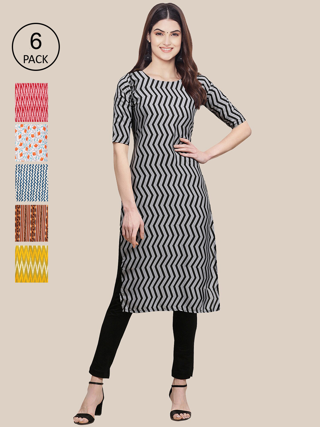 

7Threads Pack of 6 Women Grey & Red Geometric Striped Crepe Kurta