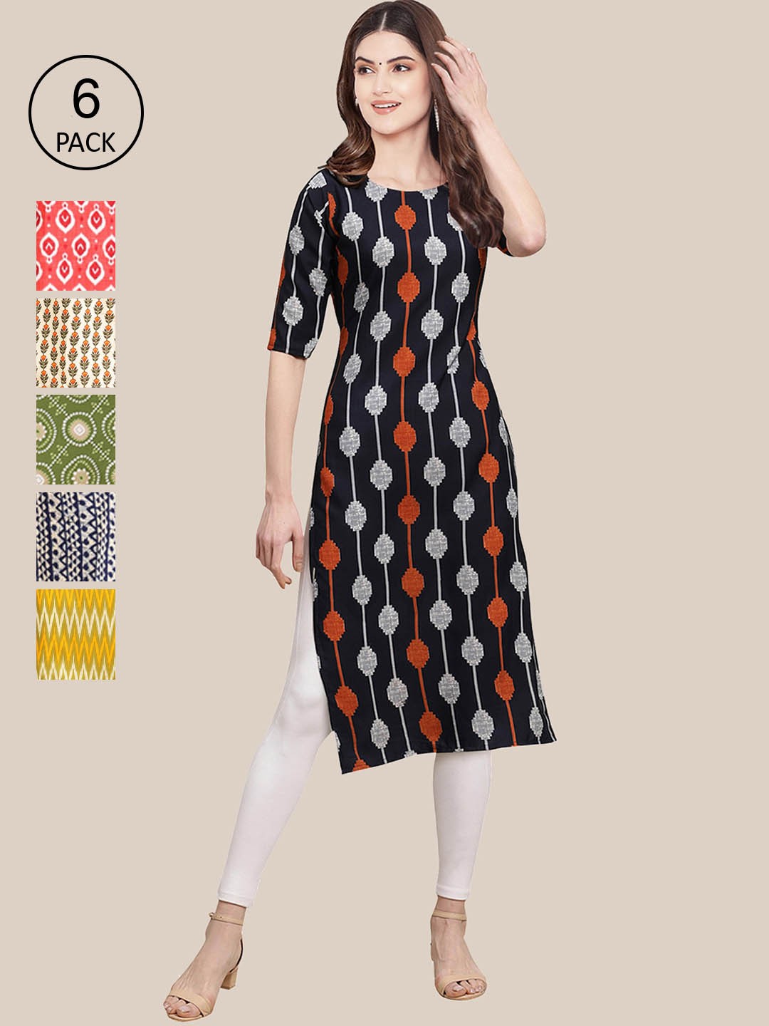 

7Threads Women Pack of 6 Ethnic Motifs Printed Summer Sheers Crepe Kurta, Black