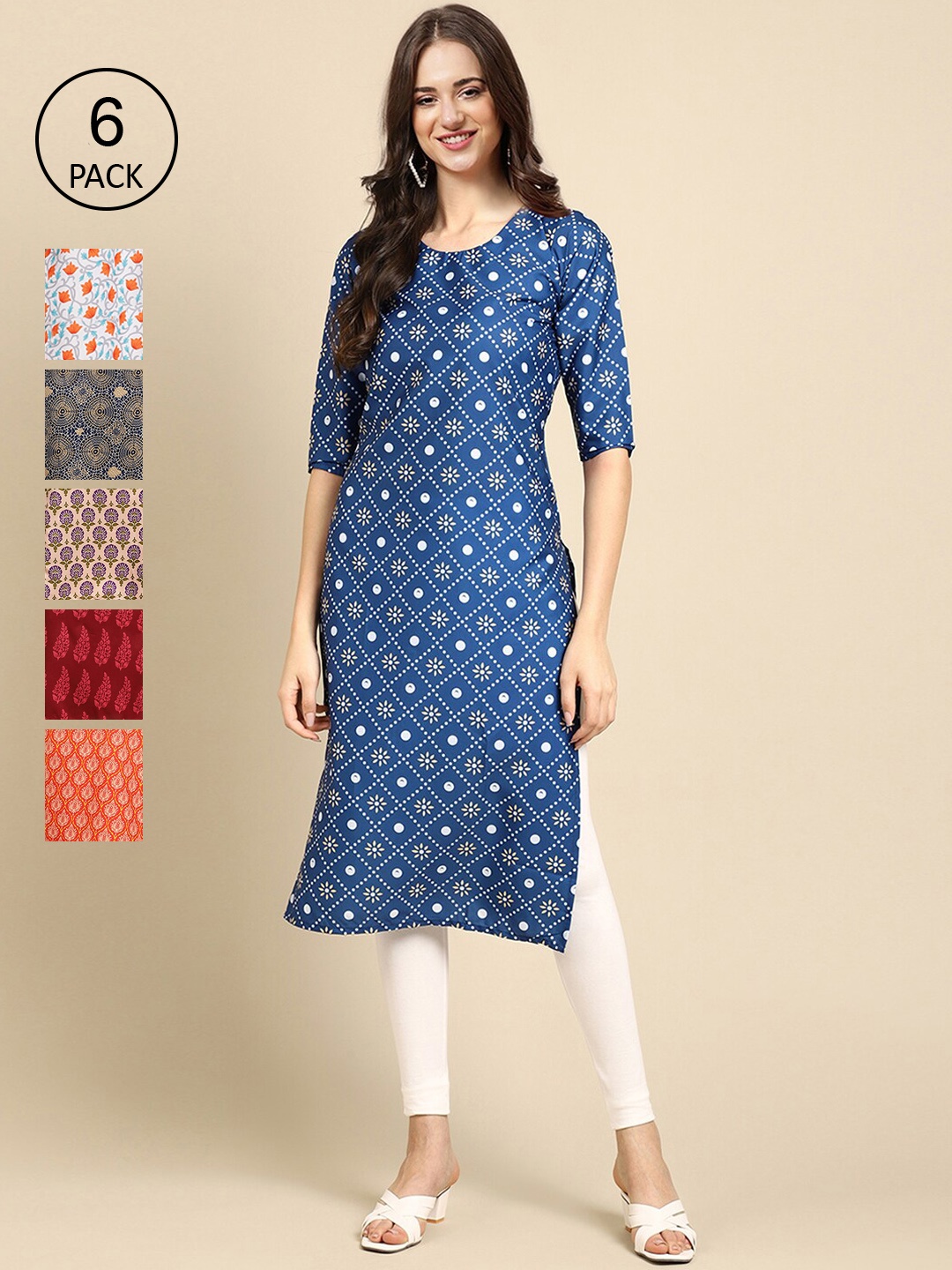 

7Threads Women Pack of 6 Digital Printed Crepe Straight Kurtas, Blue