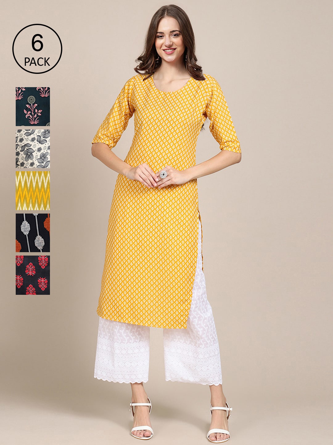 7Threads Women Pack Of 6 Printed Crepe Kurta, Mustard