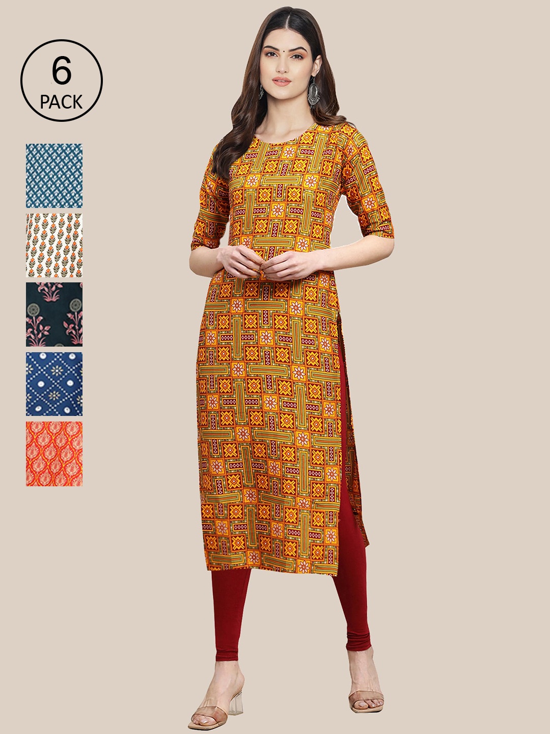 

7Threads Women Pack of 6 Geometric Printed Summer Sheers Crepe Kurta, Blue