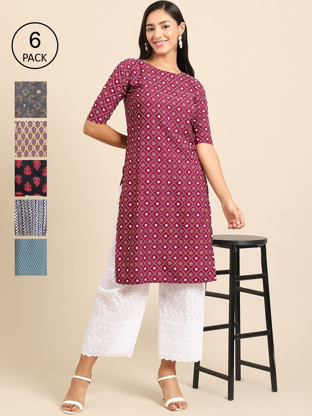 

7Threads Women Pack of 6 Printed Summer Sheers Crepe Kurta, Purple