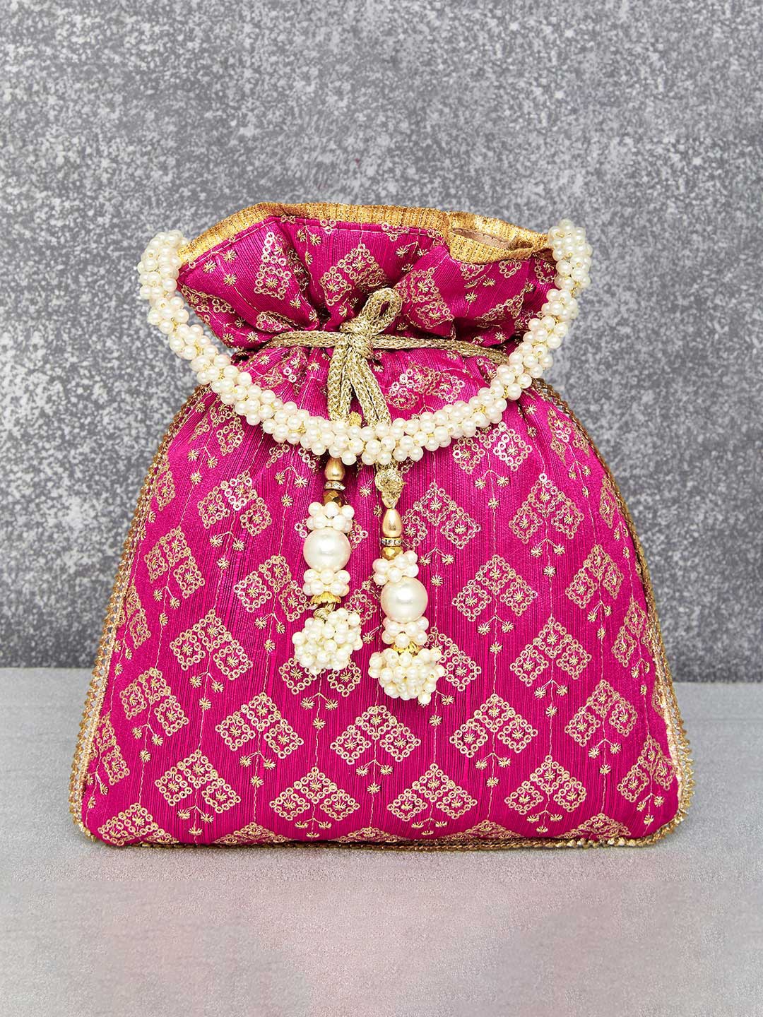 

Peora Magenta & Gold-Toned Embroidered Potli Clutch