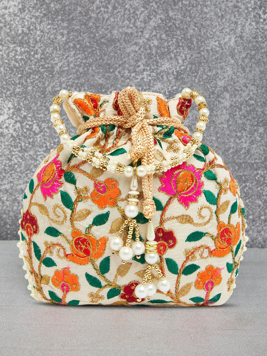 

Peora White & Green Embroidered Potli Clutch
