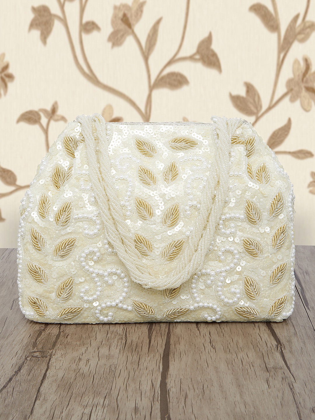 

Peora White & Gold-Toned Embellished Potli Clutch