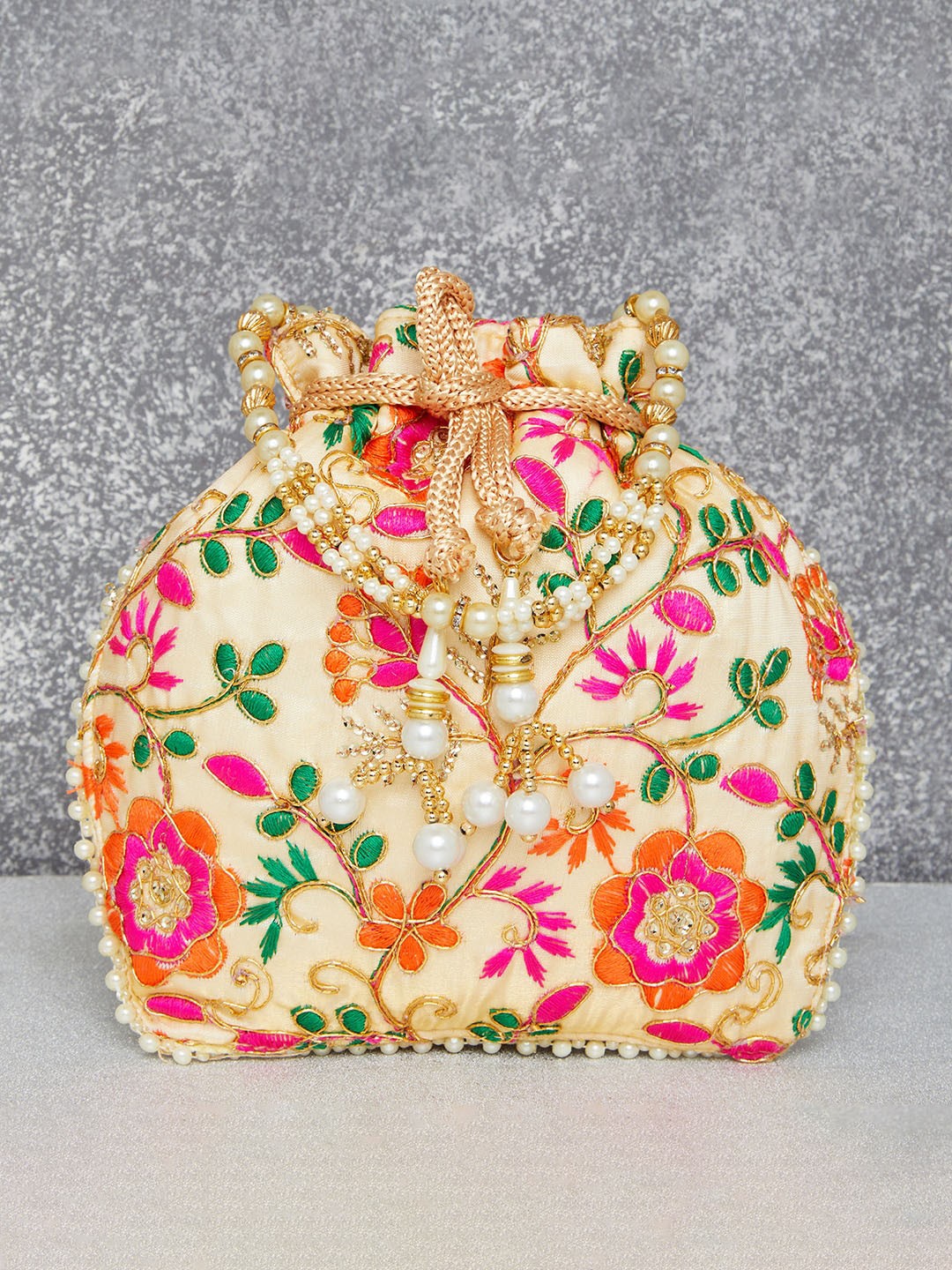 

Peora Gold-Toned & Pink Embroidered Potli Clutch