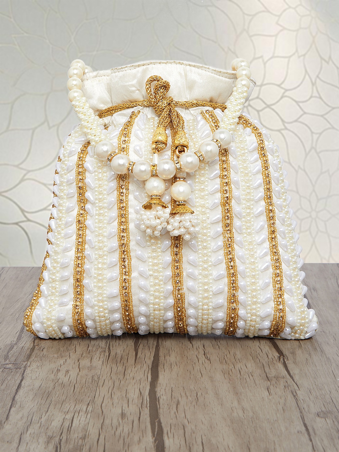 

Peora White & Gold-Toned Embellished Potli Clutch