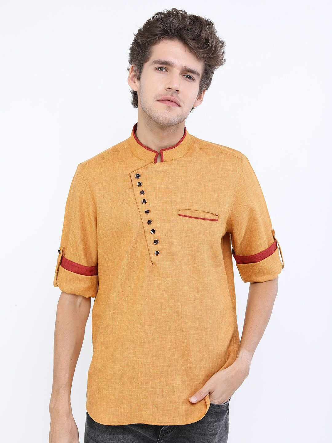 

HIGHLANDER Mandarin Collar Roll-Up Sleeves Cotton Casual Shirt, Mustard