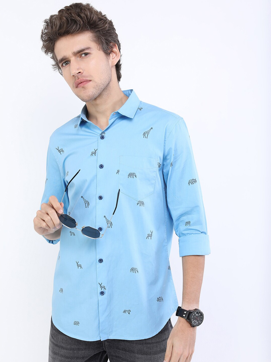 

HIGHLANDER Men Blue Printed Cotton Slim Fit Casual Shirt