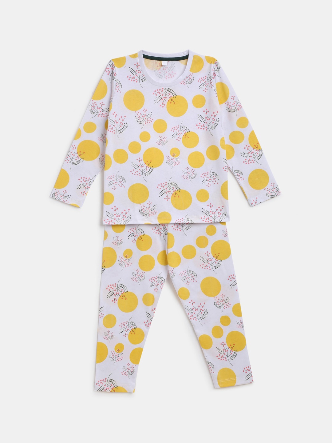 

YK Girls White & Yellow Polka Dots Printed Night Suit Set