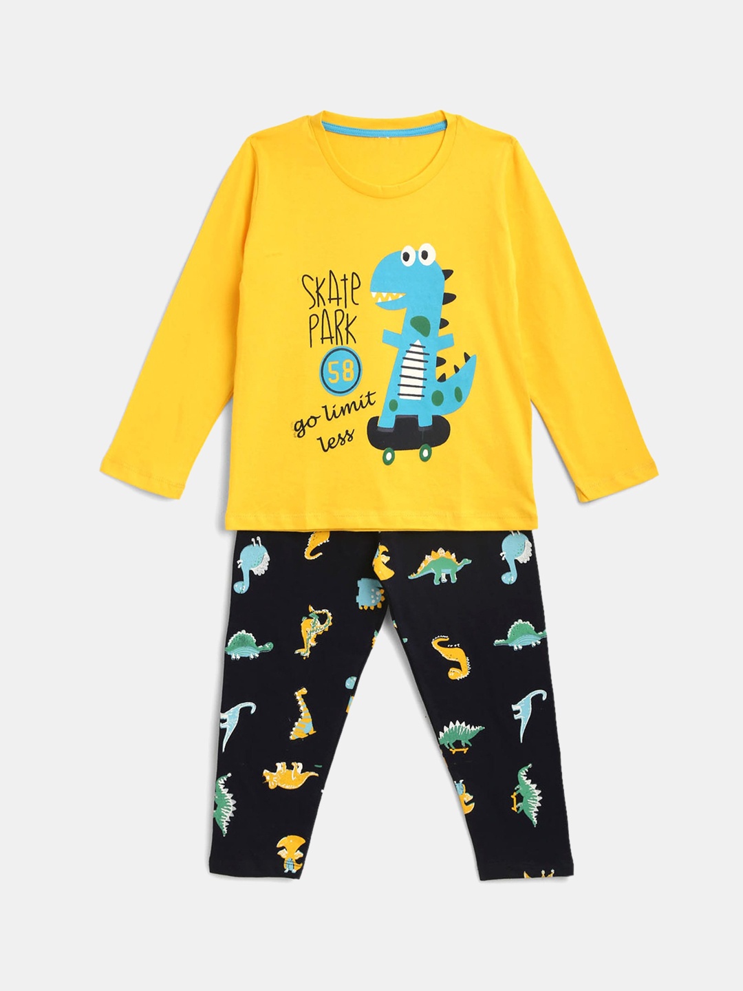

YK Boys Yellow & Black Dinosaur Graphic Printed Night Suit Set