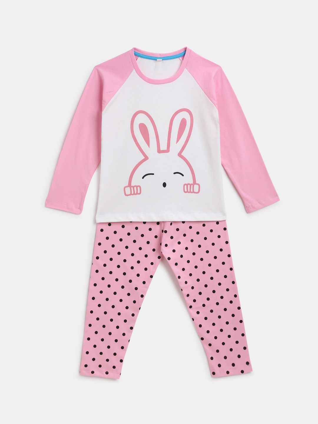 

YK Girls Pink & White Bunny Graphic Printed Raglan Night Suit Set